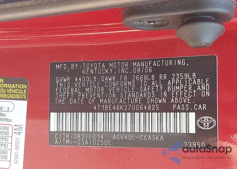 2007 Toyota Camry Se from USA, damaged, VIN 4T1BE46K27U064825
